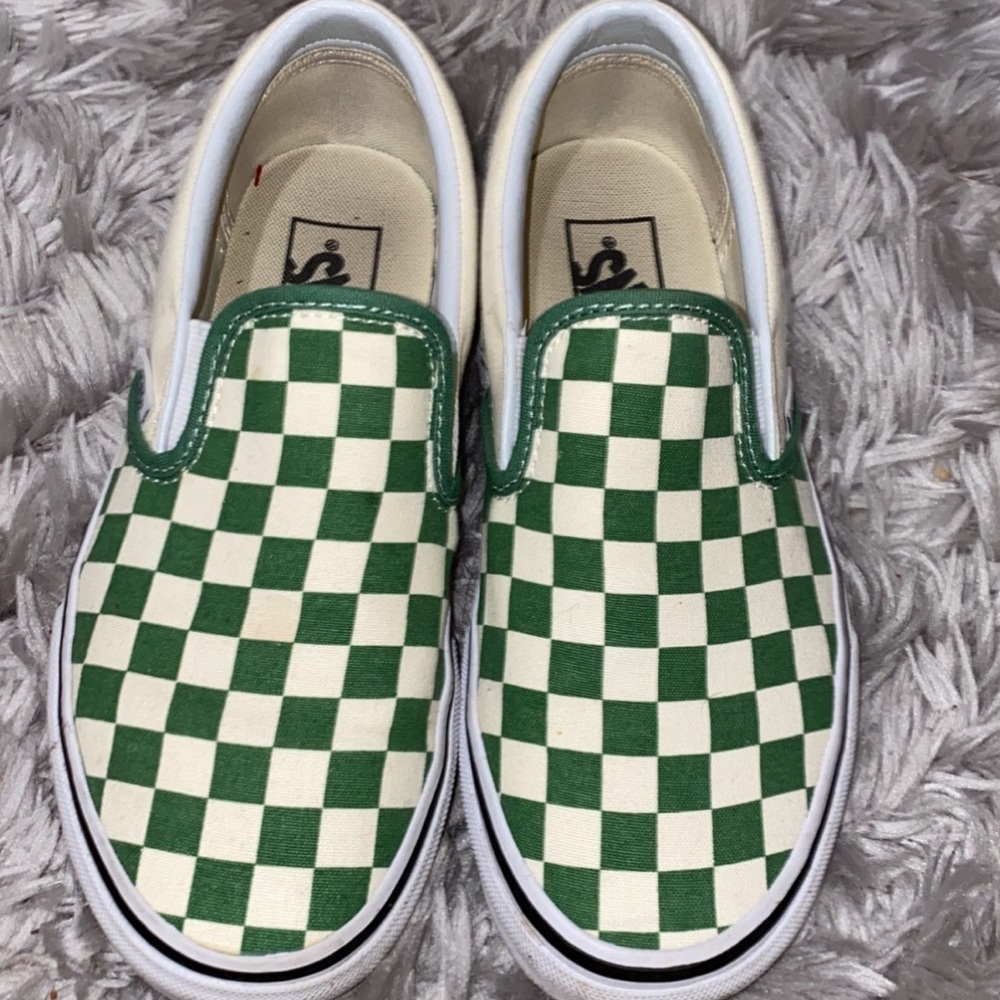 Green checkered slip on vans